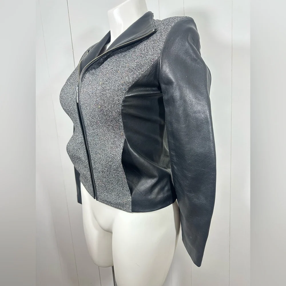 Cole Haan Sz 10 Gray Black Lambskin Leather Wool Blend Tweed Full Zip Jacket - Picture 6 of 14